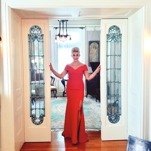 XSCAPE Cuff Neckline Off the Shoulder Dress